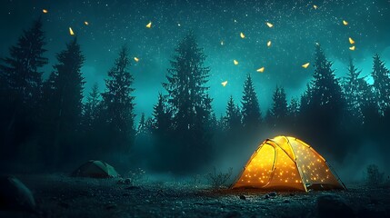 Poster - Glowing mesh camping tent illuminating the enchanting forest nightscape with captivating neon light creating a serene and mystical atmosphere for outdoor adventure and