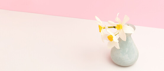 Wall Mural - vase with bouquet of white narcissus flowers in front of pink background. banner with copy space.