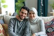 © Rawpixel.com - Middle eastern couple sitting on couch smiling adult scarf.