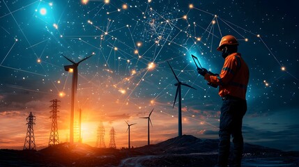 Aufkleber - Glowing mesh diagram visualizing the intricate network and infrastructure of renewable energy systems showcasing the advanced technology and sustainable solutions powering a greener future