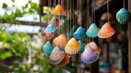 Canvas Print - Vibrant seashell wind chimes swaying gently in an outdoor patio, capturing the essence of a summer breeze and the sound of the sea