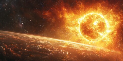 Wall Mural - Fiery sun emitting solar flares in deep space, surrounded by glowing plasma and cosmic stars in a vast dark universe Generative AI