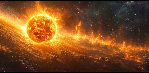 Wall Mural - Fiery sun emitting solar flares in deep space, surrounded by glowing plasma and cosmic stars in a vast dark universe Generative AI