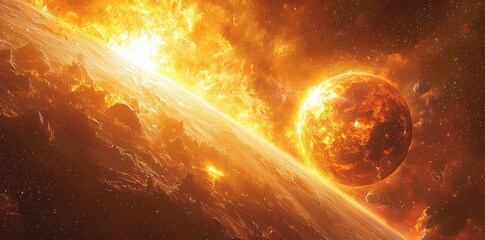 Wall Mural - Fiery sun emitting solar flares in deep space, surrounded by glowing plasma and cosmic stars in a vast dark universe Generative AI