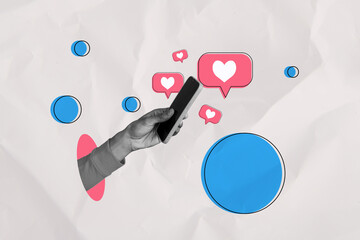 Poster - Creative collage smartphone social media blogging popularity feedback like follow subscribe love heart internet communication