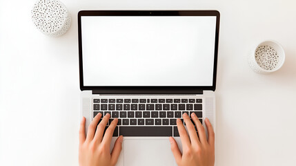 Wall Mural - a person typing on an open laptop with a blank screen, white background, close-up view Web banner with copy space for text on the right side, neutral color palette 