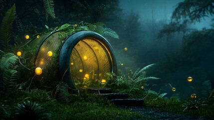 Aufkleber - Glowing mesh like tendrils intertwining and flowing across a vibrant lush botanical landscape of exotic ferns and plants in this captivating ethereal digital artwork  The luminous