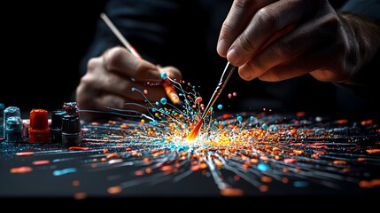 Poster - Glowing mesh line paintbrush creating a captivating luminous trail across a canvas showcasing a modern abstract and digital expression