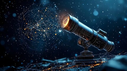 Fototapete - Glowing mesh line telescope pointed at a starry sky with neon constellations creating a futuristic and surreal cosmic landscape