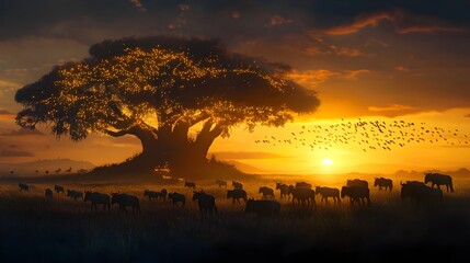 Leinwandbilder - Glowing mesh lines delicately tracing the movement of migrating herds across a vast and serene savanna landscape creating a captivating digital interpretation of the natural world