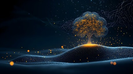 Aufkleber - Glowing mesh lines forming the silhouette of a tree with blossoming flowers   a stunning digital art with a futuristic abstract and technological aesthetic
