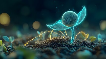 Aufkleber - Glowing mesh lines gracefully tracing the growth and emergence of a vibrant seedling sprouting from the soil showcasing the dynamic and natural process of new life taking form