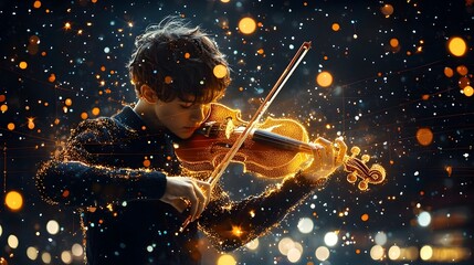 Fototapete - Glowing mesh lines swirling and undulating around a talented musician playing a mesmerizing violin performance in a serene park setting creating a captivating and dreamlike visual experience