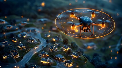 Leinwandbilder - Glowing mesh lines trailing behind a drone as it flies over a modern illuminated neighborhood at night creating a dynamic futuristic visual effect