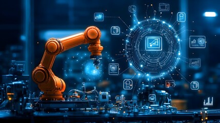 Aufkleber - Glowing mesh network depicting the interconnected digital infrastructure of a smart factory system showcasing automation
