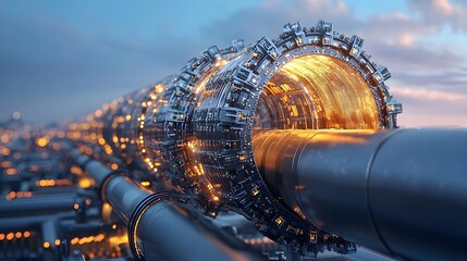 Aufkleber - Glowing mesh network of interconnected oil and gas pipelines linking refineries representing the complex infrastructure and automation of the energy industry s distribution systems  This digital