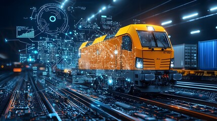 Poster - Glowing Mesh of Illuminated Railway Tracks Connecting Industrial Hubs and Powering Efficient Cargo Transportation through the City at Night