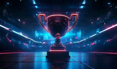 futuristic neon-lit trophy cup center stage with dynamic lighting in an e-sports arena, symbolizing 