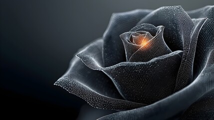 Poster - Glowing mesh outline tracing the delicate morning dew on the soft fragile petals of a rose in a captivating ethereal digital art composition  The minimalist futuristic design creates a serene