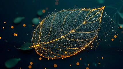 Poster - Glowing mesh pattern mimicking the intricately detailed veins of a large lush tropical leaf  This abstract digital features a dynamic flowing design with a futuristic bionic aesthetic