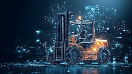 Poster - Glowing mesh patterns and luminous lines trace the paths of forklifts and other material handling equipment in a highly optimized and automated warehouse logistics system