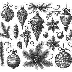 Wall Mural - Christmas ornaments and holly branches. Detailed and ornate designs in black and white sketch engraving generative ai raster illustration. Scratch board imitation. Black and white image.