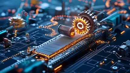 Poster - Glowing mesh patterns and dynamic geometric designs on an automated factory conveyor belt tracking the movement and transportation of products through a modern industrial manufacturing facility