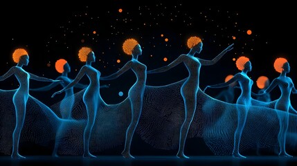 Poster - Glowing mesh patterns tracing the dynamic rhythmic movements of traditional performers in a captivating ethereal display of light and motion