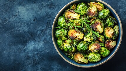 Wall Mural - Roasted Brussels sprouts in dark bowl on textured surface