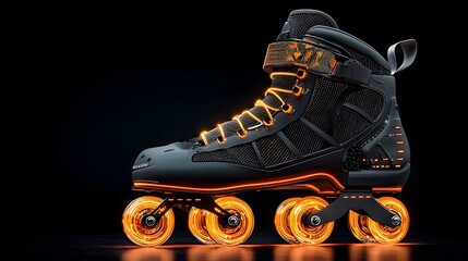 Glowing mesh roller skates with neon wheels creating dynamic light streaks and trails in motion capturing the energy and futuristic aesthetic of skating