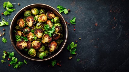 Wall Mural - Roasted Brussels sprouts in bowl with fresh herbs on dark background