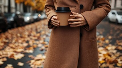 A stylishly dressed woman in a long warm brown coat is seen holding a cup of coffee as she strolls down a city street lined with fallen autumn leaves creating a cozy and atmospheric scene