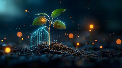 Aufkleber - Glowing Mesh Tracing the Growth of Sprouting Seedling from Soil   Abstract Digital Artwork Showcasing the Interconnected Nature of Organic Growth and Technological Visualization