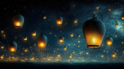 Aufkleber - Glowing mesh trails highlighting ethereal floating lanterns released into a serene and captivating night sky creating a mesmerizing and enchanting atmosphere