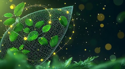 Poster - Glowing mesh tendrils gracefully intertwining and flowing between a vibrant lush arrangement of exotic tropical plants in a captivating surreal digital nature composition