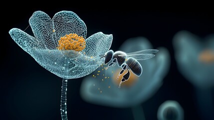 Aufkleber - Glowing mesh trails representing the intricate pollination process as bees move between vibrant flowers in a natural organic environment  The digital artwork showcases the energy movement