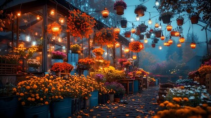 Aufkleber - Glowing mesh vines elegantly cascading from the ceiling of a greenhouse filled with vibrant blooming flowers and lush foliage creating a botanical ambiance