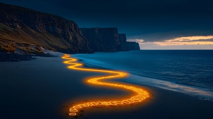 Leinwandbilder - Glowing mesh trails tracing footsteps on a serene and tranquil beach at the magical hour of sunrise creating a captivating and ethereal landscape