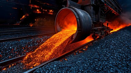 Leinwandbilder - Glowing Molten Metal Streams Flowing Through a Steel Foundry Industrial Manufacturing Facility  Abstract Pattern and Texture of Metalworking Process