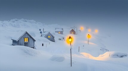 Poster - Glowing street lanterns illuminate a tranquil Arctic village its homes and buildings cloaked in a pristine white blanket of snow creating a serene and peaceful winter landscape
