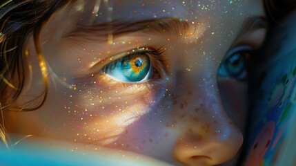 Close-up of a child's face with striking blue eyes, looking thoughtful and illuminated by soft, colorful light. The expression is contemplative.