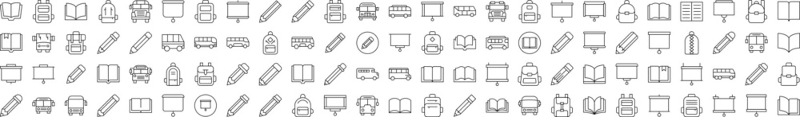 Poster - Collection of Line Icons of Pen, Presentation Board, Bus, School Bag, Book. Editable Stroke. Minimalistic Linear Pictogram for Design of Cards, Apps, Banners, Posts