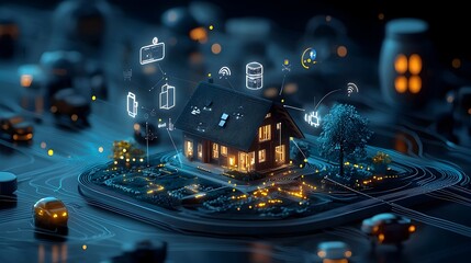 Fototapete - Interconnected mesh network of digital devices and sensors powering a smart efficient and convenient home lifestyle concept of the future