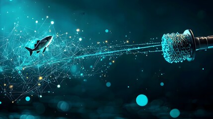 Aufkleber - Mesmerizing abstract image depicting a glowing mesh fishing rod casting a neon luminous line into shimmering rippling water  A futuristic