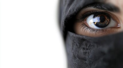  A tight shot of a face wearing a black mask Reflection of a building in the masked eye