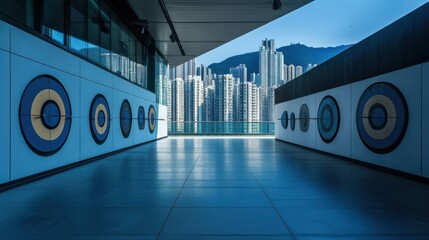 Poster - An archery competition setup in a modern urban archery range, Archery targets amidst sleek architectural design and urban skyline, Urban archery style
