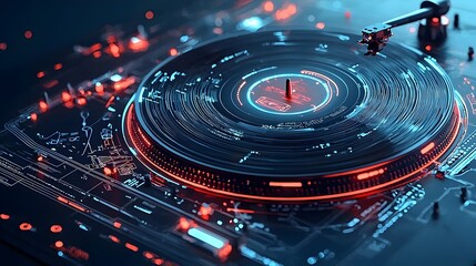 Leinwandbilder - Mesmerizing digital abstract of a vinyl record spinning with a glowing pulsing mesh of luminous neon lines and patterns in a futuristic hypnotic visual display