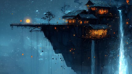 Aufkleber - Mesmerizing digital artwork depicting glimmering mesh waterfalls cascading down towering cliffs in a fantastical dreamlike landscape  The ethereal