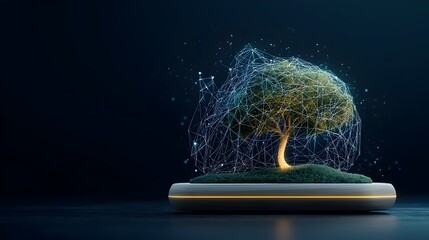 Poster - Mesmerizing digital artwork featuring a bonsai tree with intricate glowing mesh patterns decorating its delicate branches creating a captivating and futuristic botanical display