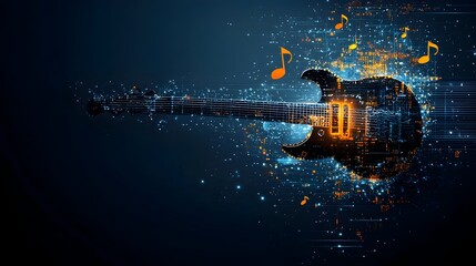 Poster - Mesmerizing digital artwork showcasing a glowing guitar melody flowing gracefully through a dynamic colorful mesh of luminous lines and energy